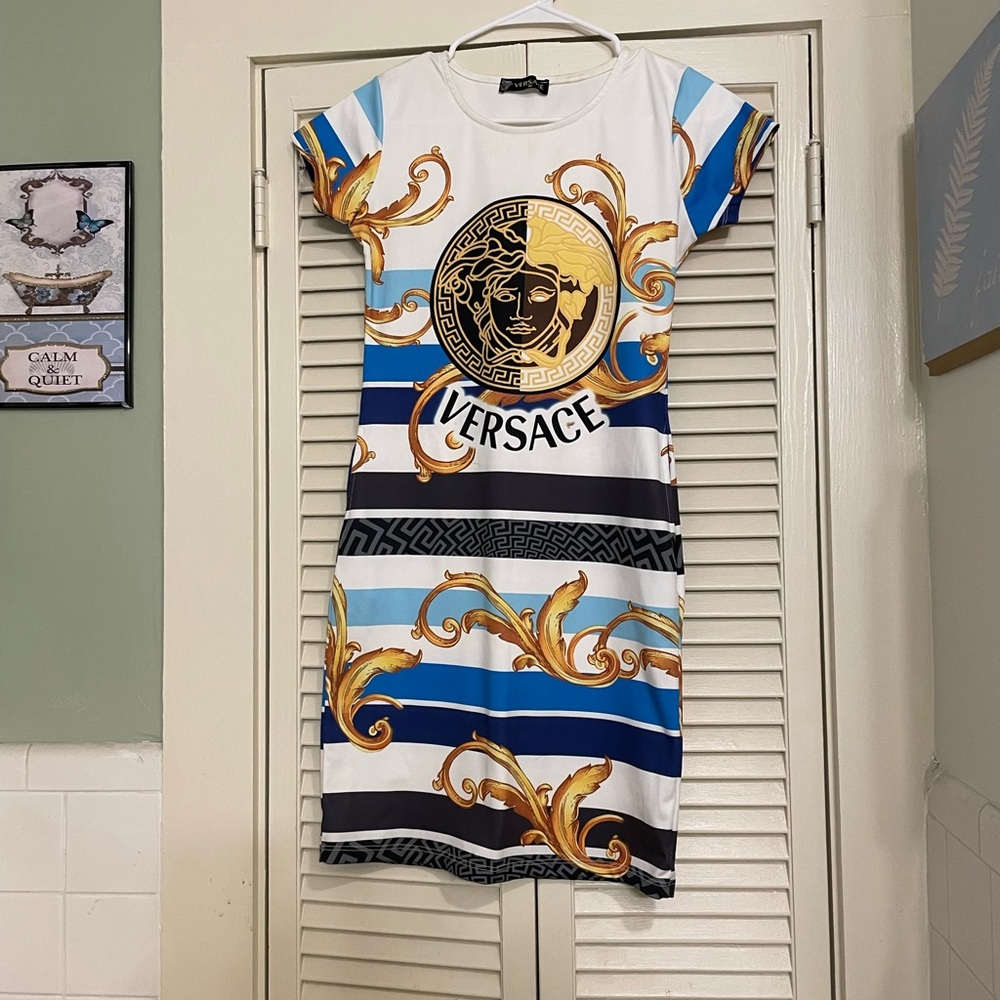 Versace white blue design body on mini dress sz small